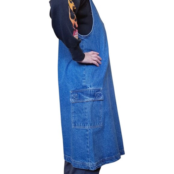90s‎ Womens Overall Dress Denim Jean Cargo Sz L Blue Sleeveless Teacher NWT Sz L - Picture 2 of 8